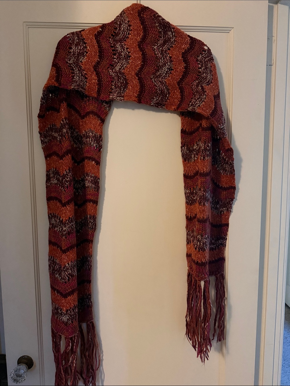 H&M Multicolor Wavy Knit Fringe Scarf - Orange & Burgundy